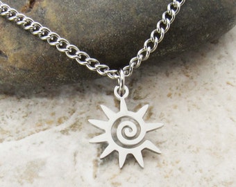 304 Stainless Steel Spiral Sun Charm Pendant, Men's Necklace, Hypo Allergenic Jewelry, Men's Jewelry, Woman Necklace, Celestial Jewelry