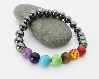 Metallic 8mm Bead Chakra Bracelet with Multi Color Beads and Antique Bronze Tone Beads, Men's Bracelet, Men's Jewelry, Women's Bracelet