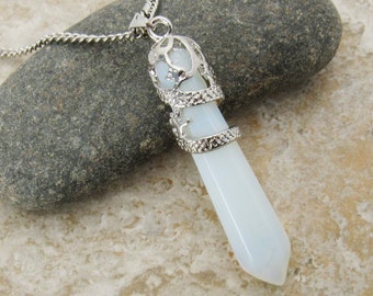 Opalite Gemstone Pendant Necklace, Men's Necklace, Silver Alloy Dragon Wrap Detail, Opalite Gemstone Pendant, Woman's Necklace