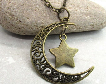 Filigree Crescent Moon and Star Celestial Pendant Necklace, Celestial Jewelry, Men's Necklace, Necklace for Women, Woman's Necklace