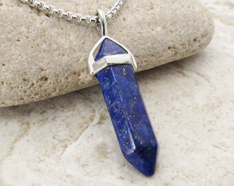 Lapis Lazuli Gemstone Pendant Necklace, Lapis Lazuli Faceted Cut Gemstone Pendant, Men's Necklace, Chakra Healing Gemstone, Women's Necklace