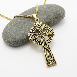 Gold Tone Celtic Knot Cross Pendant Necklace, Hypo Allergenic Jewelry, Stainless Steel Cross, Men's Necklace, Men's Jewelry, Womans Necklace