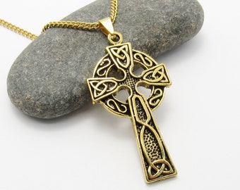 Gold Tone Celtic Knot Cross Pendant Necklace, Hypo Allergenic Jewelry, Stainless Steel Cross, Men's Necklace, Men's Jewelry, Womans Necklace