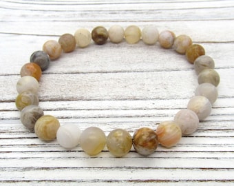 Natural Bamboo Leaf Frosted Agate 8mm Beaded Bracelet, Men's Bracelet, Women's Bracelet, Men's Jewelry, Gift for Men