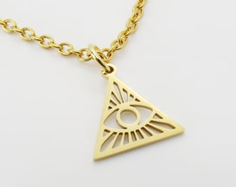 Stainless Steel Gold All-Seeing Eye Charm Pendant, Men's Necklace, Hypo Allergenic Jewelry, Woman's Necklace, Eye of Providence Charm