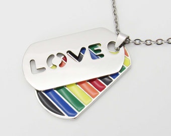 Love Rainbow Stainless Steel Dog Tags Pendant Necklace, Pride Jewelry, Hypo Allergenic Jewelry, Men's Jewelry, Woman Necklace, LGBTQ