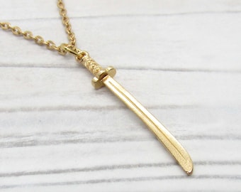 Gold Tone Katana Sword Pendant Necklace, Men's Necklace, Samurai Sword Charm, Japanese Sword Pendant, Woman's Necklace