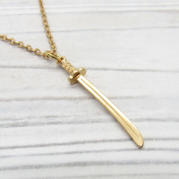 Gold Tone Katana Sword Pendant Necklace, Men's Necklace, Samurai