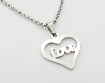 Stainless Steel Love Heart Charm Pendant Necklace, Men's Necklace, Hypo Allergenic Jewelry, Woman's Necklace, Valentine's Charm Jewelry