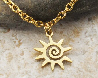 Gold 304 Stainless Steel Spiral Sun Charm Pendant, Hypo Allergenic Jewelry, Men's Necklace, Men's Jewelry, Woman Necklace, Celestial Charm