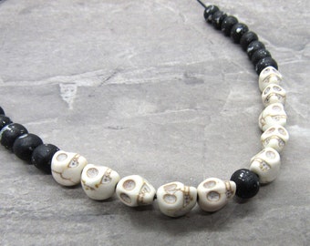 Halloween Necklace, Howlite Skull Beads Necklace, Wood Beads Necklace, Men's Necklace, Women's Necklace, Halloween Costume Jewelry
