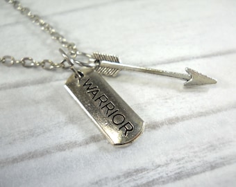 Warrior Tag & Arrow Pendant Necklace, Antique Silver Tone, Men's Necklace, Antique Silver Tone Chain, Faux Leather Cord, Suede Leather Cord