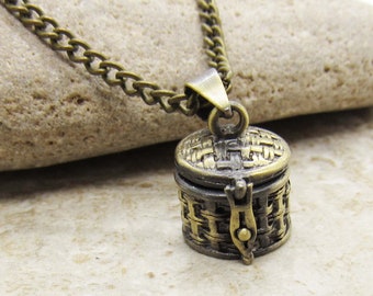 Antique Bronze Basket Pattern Barrel Wish Box Necklace, Pill Box Necklace, Barrel Locket Necklace, Stash Box Necklace, Women's Necklace