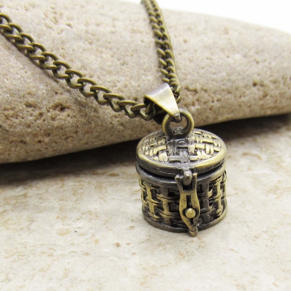 Antique Bronze Basket Pattern Barrel Wish Box Necklace, Pill Box Necklace, Barrel Locket Necklace, Stash Box Necklace, Women's Necklace