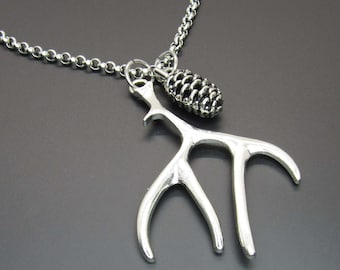 Mule Deer Antler Pendant Pine Cone Charm Necklace, Mule Deer Antler Necklace, Animal Charm, Tribal Charm,  Men's Necklace, Women's Necklace