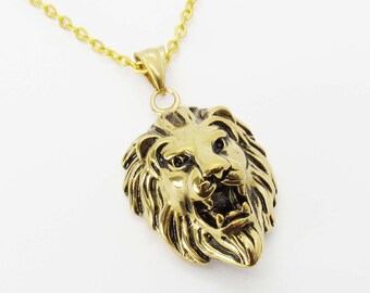 Gold Stainless Steel Lion Head Pendant Necklace, Men's Necklace, Stainless Steel Hypo Allergenic Pendant, Men's Necklace, Woman's Necklace