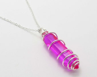 Glass Bullet Cut Violet Wire Wrapped Crystal Pendant Necklace, Women's Necklace, Men's Necklace, Rainbow Colors Glass Pendant