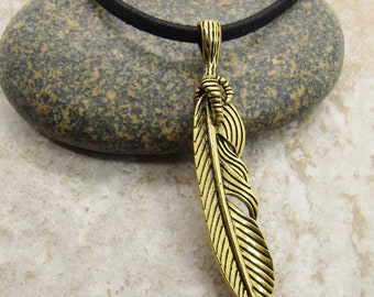 Antique Gold Feather Pendant Necklace, Feather with Eagle Claw Pendant Jewelry, Men's Corded Necklace, Nature Jewelry, Woman's Necklace