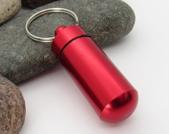 Red Aluminum Column Pill Bottle Key Ring, Pill Bottle Key Ring, Water Tight Screw Top Container, Camping Supply, Stash Container