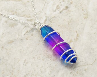 Glass Bullet Cut Blue Violet Pendant Necklace, Wire Wrapped Glass Crystal Pendant, Men's Necklace, Women's Necklace, Rainbow Colors Pendant
