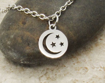 Stainless Steel Galaxy Charm Pendant Necklace, Men's Necklace, Hypo Allergenic Jewelry, Woman's Necklace, Moon Stars Charm Jewelry Necklace