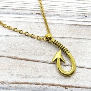 Antique Gold Tone Fish Hook Pendant Necklace, Fish Hook Charm Necklace, Fisher Jewelry, Gift for Men, Men&#39;s Jewelry, Women&#39;s Jewelry