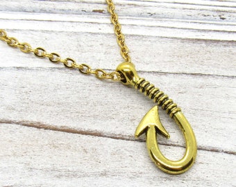 Antique Gold Tone Fish Hook Pendant Necklace, Fish Hook Charm Necklace, Fisher Jewelry, Gift for Men, Men's Jewelry, Women's Jewelry