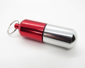 Aluminum Red Pill Bottle Key Ring, Pill Shape Key Ring, Large Pill Bottle includes watertight rubber gasket, Camping Supply, Stash Container