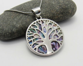 Tree of Life Pendant, Imitation Paua Abalone Shell, Men's Necklace, Women's Necklace, 18" Stainless Steel XSM Box Chain Necklace