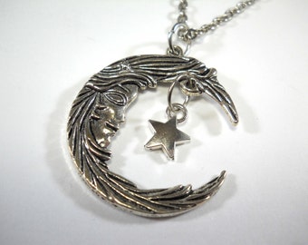 Celestial Moon and Star Pendant Necklace, Woman's Necklace, Crescent Moon Pendant, Star Charm, Celestial Jewelry, Men's Necklace