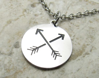 Stainless Steel Crossed Arrows Charm Pendant Necklace, Men's Necklace, Hypo Allergenic Jewelry, Woman's Necklace, Tribal Pendant Jewelry