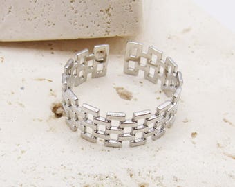 304 Stainless Checker Grid Band Open Adjustable Ring, Women's Ring, Men's Ring, Adjustable Ring Fits All, Fashion Geo Band Adjustable Ring