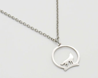 Moon Ring with Wolf Charm Pendant Necklace, Men's Necklace, Stainless Steel Hypo Allergenic Jewelry, Woman's Necklace, Charm Pendant Jewelry