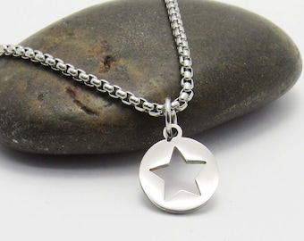 Round Star Charm Stainless Steel Pendant Necklace, Men's Necklace, Woman's Necklace, Celestial Charm, Men's Charm Pendant Jewelry