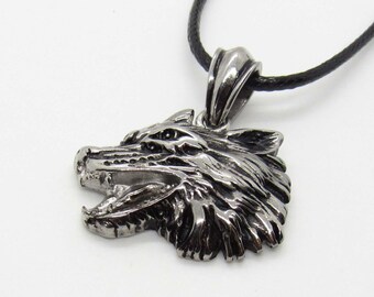 Wolf Head Stainless Steel Necklace, Men's Cord Necklace, Wolf Head Pendant Jewelry, Men's Jewelry, Woman Necklace, Hypo Allergenic Jewelry