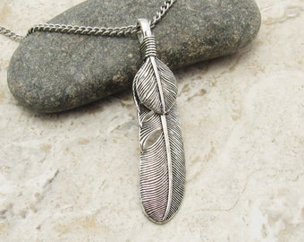 Antique Silver Tone Feather Pendant, Feather Necklace, Nature Necklace, Tribal Necklace, Men's Necklace, Gift for Men, Women's Necklace