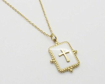 Stainless Steel Cross Pendant Necklace, Gold Plated Link Chain with Extension, Women's Necklace, Spiritual Pendant Jewelry, Gift for Women