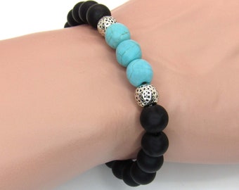 Black Frosted Stone Turquoise Beads Bracelet, Men's Bracelet, 8mm Beaded Bracelet Silver Beads, Men's Jewelry, Women's Bracelet