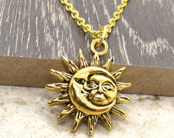Sun Burst with Crescent Moon Pendant Necklace, Gold Celestial Pendant, Men's Necklace,  Woman's Necklace, Celestial Jewelry
