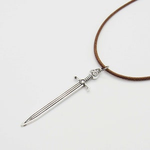 Medieval Long Sword Pendant Necklace, Men's Necklace, Medieval Kings Sword, Medieval Sword Pendant, Woman's Necklace Brown Waxen Cord