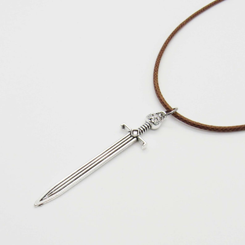 Medieval Long Sword Pendant Necklace, Men's Necklace, Medieval Kings Sword, Medieval Sword Pendant, Woman's Necklace Brown Waxen Cord