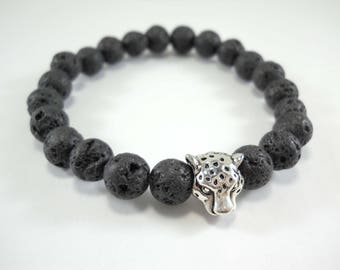 Lava Stone 8mm Bracelet with Antique Silver Leopard Head Bead, Elastic Stretch Cord, Men's Bracelet, Men's Jewelry, Fashion Bracelet