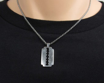 Stainless Steel Small Razor Blade Pendant Necklace, Men's Necklace, Hypo Allergenic Jewelry, Woman's Necklace, Men's Charm Pendant Jewelry