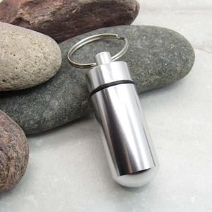 Silver Aluminum Column Pill Bottle Key Ring, Pill Bottle Key Ring, Water Tight Screw Top Container, Camping Supply, Stash Container