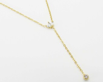 Stainless Steel Gold Plated Crown Charm Clear Rhinestones Tassel Pendant, Gold Link Chain with extender, Women's Necklace, Gift for Women