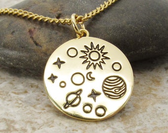 Gold Plated Solar System Charm Pendant Necklace, Men's Necklace, Celestial Jewelry, Woman's Necklace, Men's Charm Pendant Jewelry