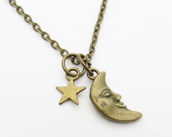 Moon Face Star Charms Pendant Necklace, Celestial Charms Pendant, Men's Necklace, Woman's Necklace, Moon Face Charm, Moon and Star Necklace