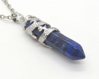 Lapis Lazuli Gemstone Pendant, Silver Tone Dragon Wrap Detail, Men's Necklace, Lapis Lazuli Pendant, Chakra Gemstone, Women's Necklace