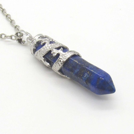 Lapis Lazuli Gemstone Pendant Silver Tone Dragon Wrap Detail