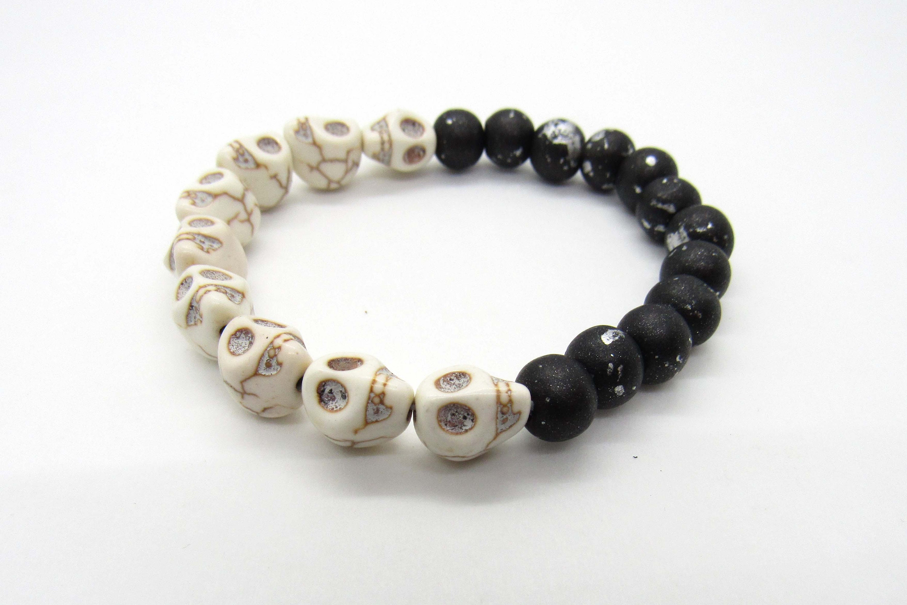 Men's Black Lava Bead Skull Bracelet Wood Beads Stainless Steel Grunge Punk  Goth | eBay